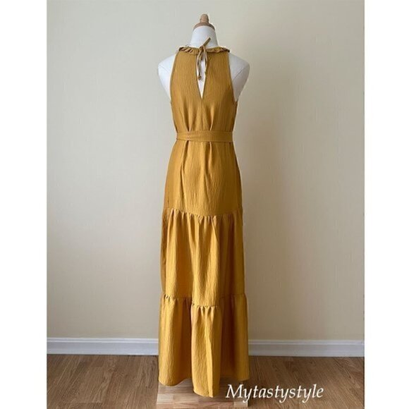 NWT Tiered Maxi Boho Belted Ruffled Sleeveless Yellow Amber Crepe Satin … - Picture 7 of 13